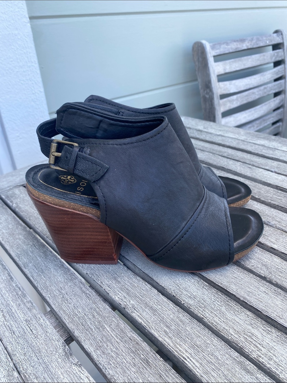 Isola Black Leather Peep-Toe Slingback Block Heel Sandals